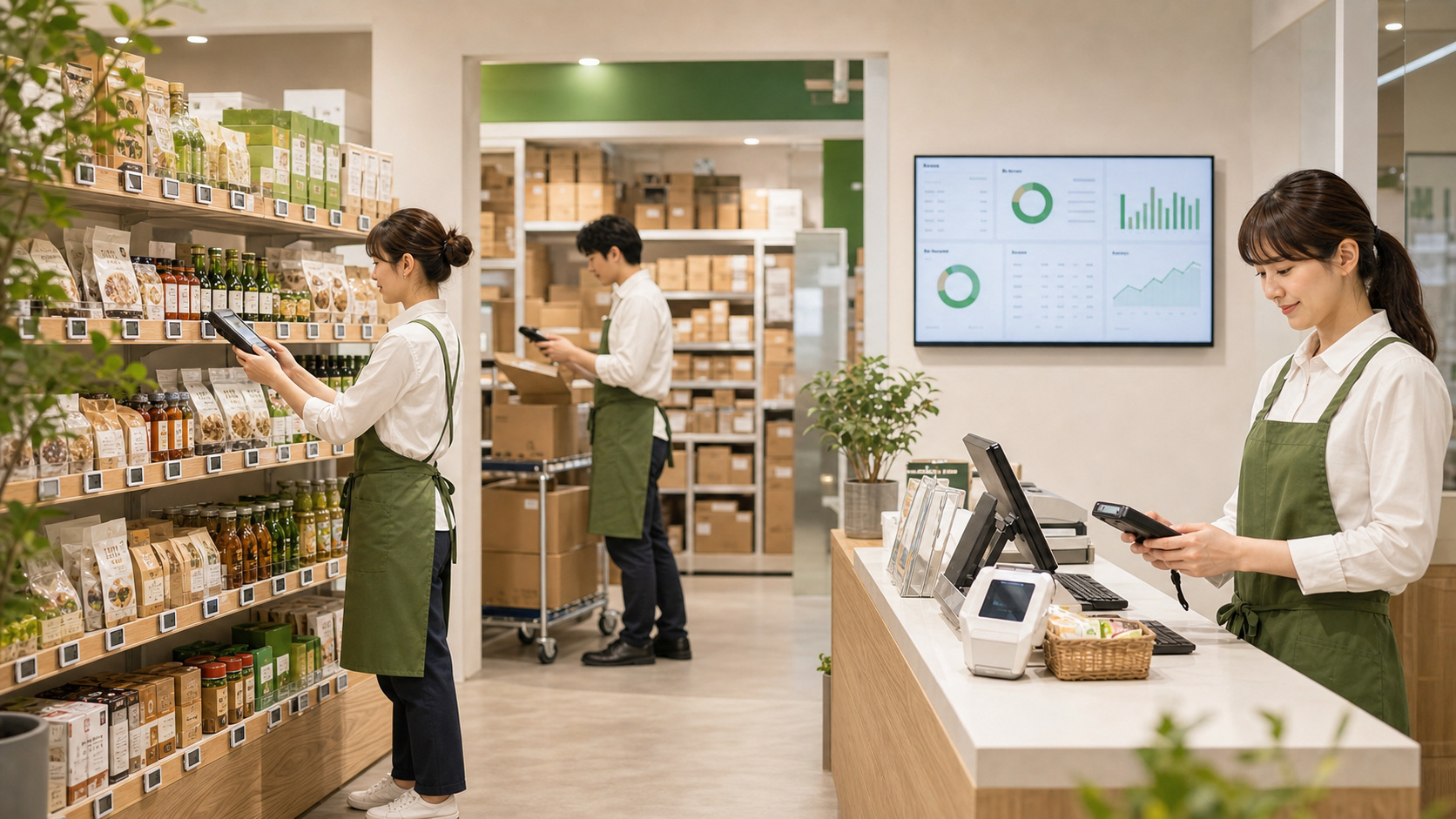 複数のスマート機器と店舗業務がつながる小売DX現場イメージ